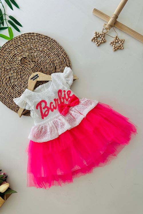 Miniğimin Cicileri Barbie Payet Detaylı Kat Kat Tütülü Kız Çocuk Elbise - Fuşya