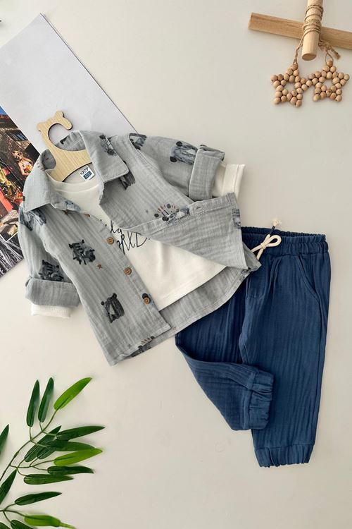 Miniğimin Cicileri Lion Baskılı Müslin pamuklu Erkek Bebek 3 lü Takım - Gri