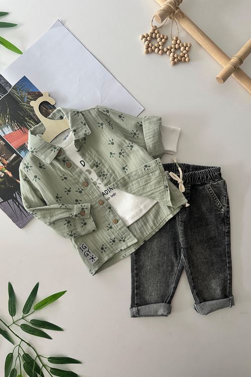 Miniğimin Cicileri Pati Baskılı Müslin pamuklu Erkek Bebek 3 lü Takım - Yeşil