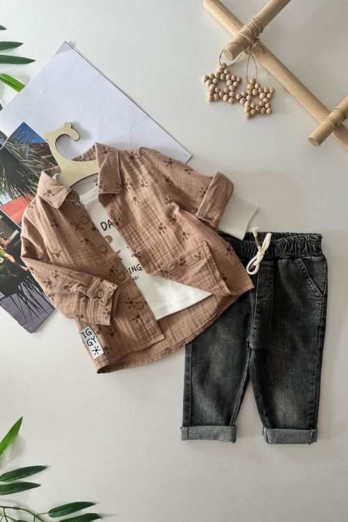 Miniğimin Cicileri Pati Baskılı Müslin pamuklu Erkek Bebek 3 lü Takım - Kahverengi