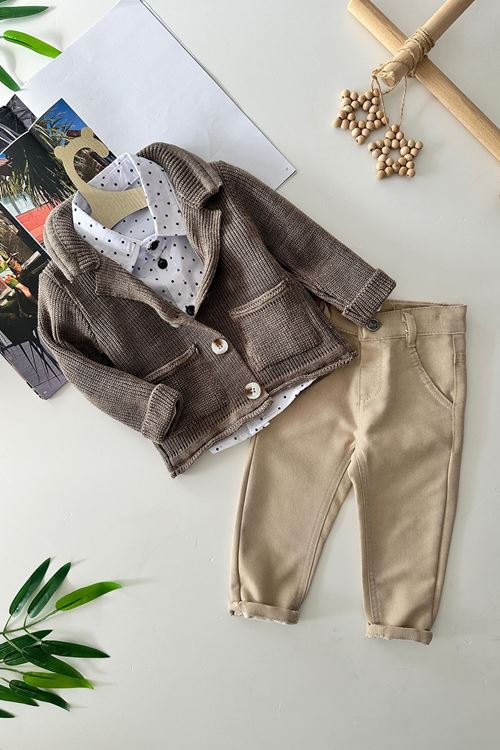 Miniğimin Cicileri Triko Hırkalı Şık 3 lü Erkek Çocuk Takım - Kahverengi