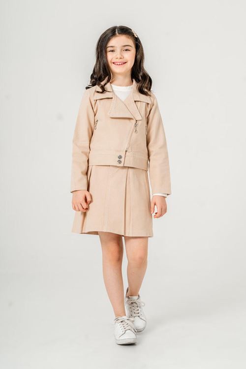 Miniğimin Cicileri (7-11 Yaş) Gabardin Kruvaze Yaka Ceket Etekli 3 lü takım - Bej