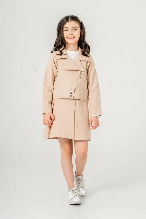 Miniğimin Cicileri (7-11 Yaş) Gabardin Kruvaze Yaka Ceket Etekli 3 lü takım - Bej