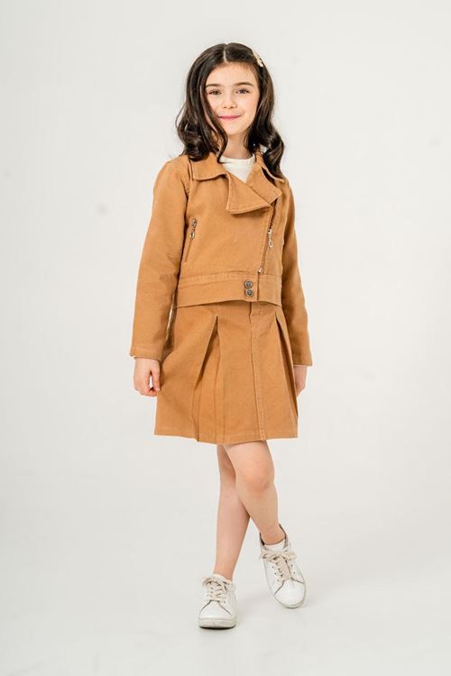 Miniğimin Cicileri (7-11 Yaş) Gabardin Kruvaze Yaka Ceket Etekli 3 lü takım - Kahverengi