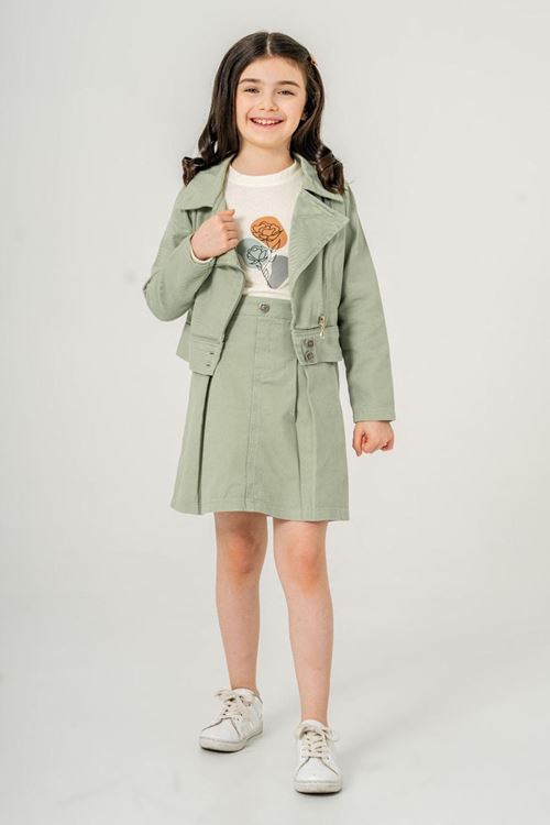 Miniğimin Cicileri (7-11 Yaş) Gabardin Kruvaze Yaka Ceket Etekli 3 lü takım - Yeşil