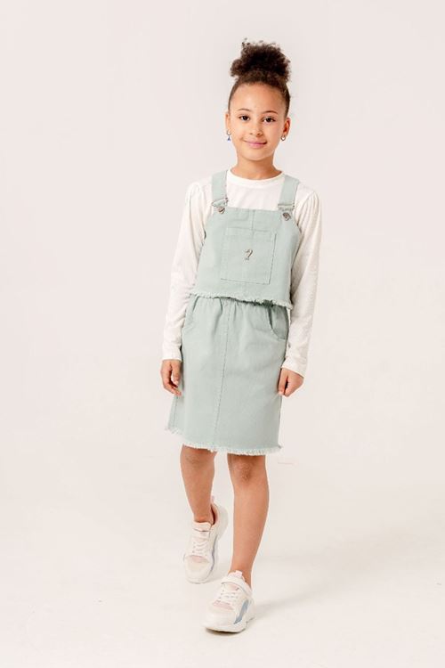 Miniğimin Cicileri (8-12 Yaş) Gabardin Püsküllü Salopet Yelek Etekli 3 lü takım - Yeşil