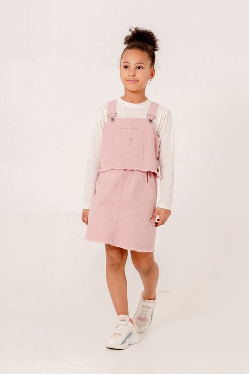 Miniğimin Cicileri (8-12 Yaş) Gabardin Püsküllü Salopet Yelek Etekli 3 lü takım - Pembe