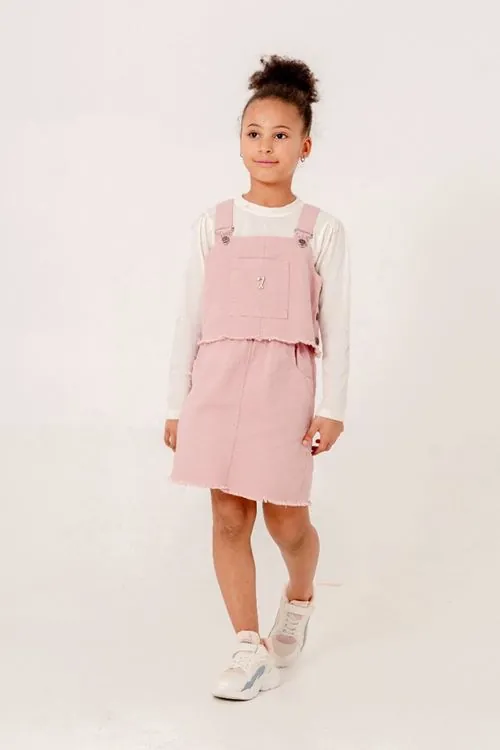 Miniğimin Cicileri (8-12 Yaş) Gabardin Püsküllü Salopet Yelek Etekli 3 lü takım - Pembe