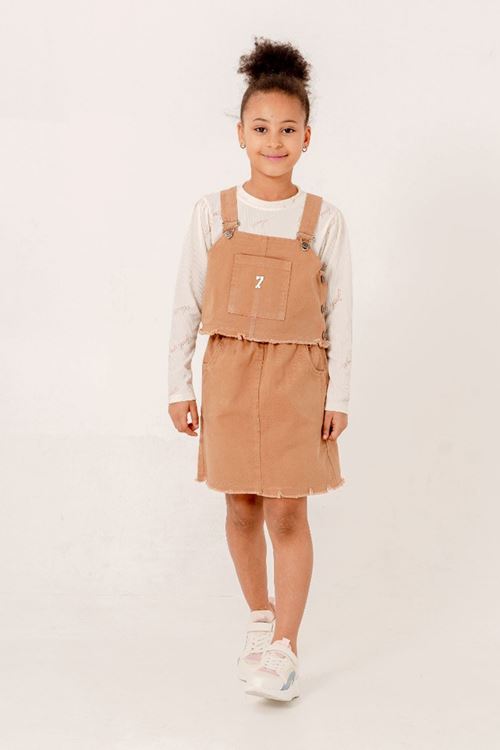 Miniğimin Cicileri (8-12 Yaş) Gabardin Püsküllü Salopet Yelek Etekli 3 lü takım - Kahverengi