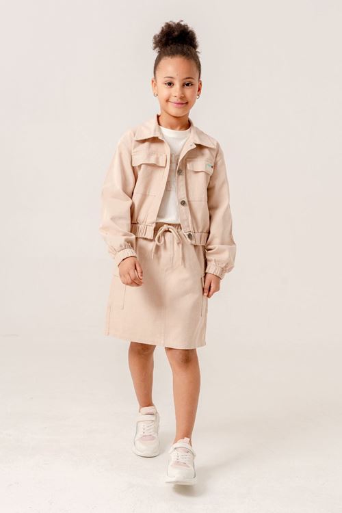 Miniğimin Cicileri (7-11 Yaş) Gabardin Kruvaze Düğmeli Yaka Ceket Etekli 3 lü takım - Bej