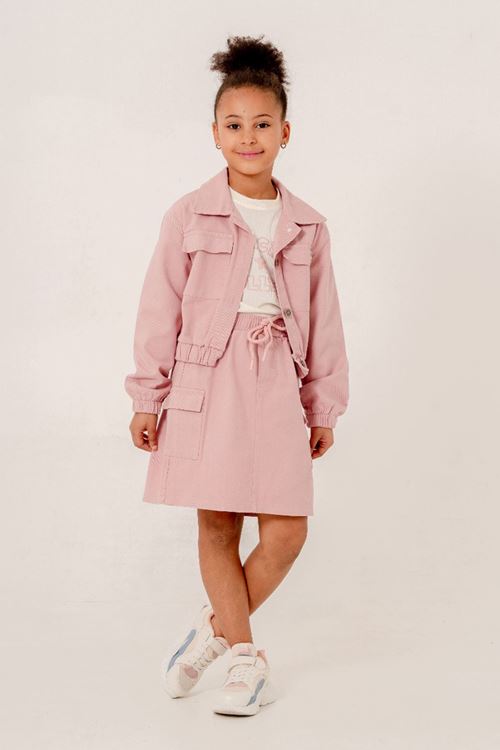 Miniğimin Cicileri (7-11 Yaş) Gabardin Kruvaze Düğmeli Yaka Ceket Etekli 3 lü takım - Pembe