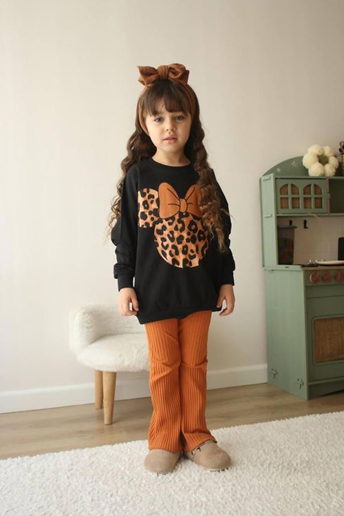 Miniğimin Cicileri mnn Leopar desen 2 iplik Kız Çocuk Takım - Taba