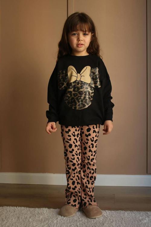 Miniğimin Cicileri mnn Fiyonk Leopar Desen 2 iplik Kız Çocuk Takım - Siyah