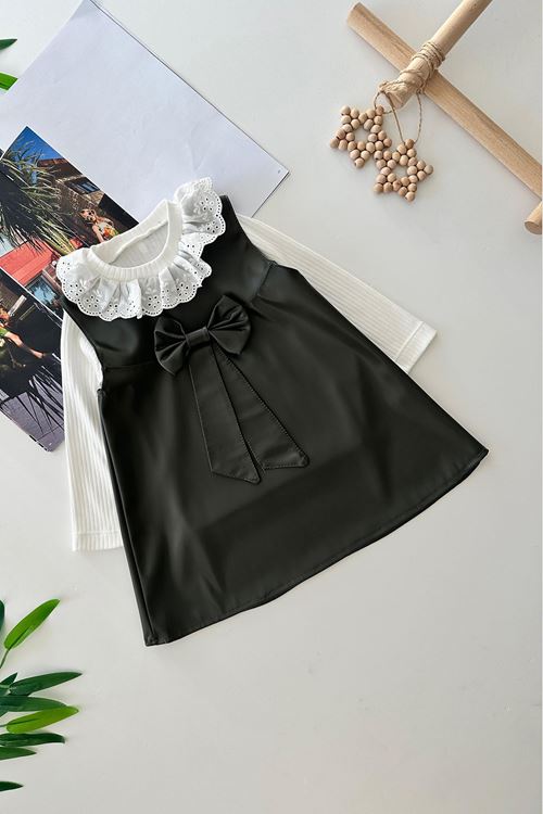 Miniğimin Cicileri Yaka Güpürlü Deri Fiyonklu Kız Jile Takımı 2'li - Yeşil