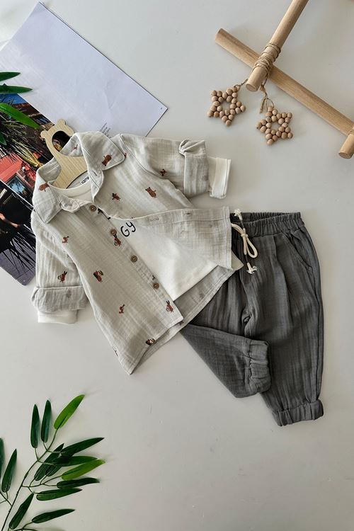 Miniğimin Cicileri Müslin pamuk organik 3 parça erkek bebek takım - Gri