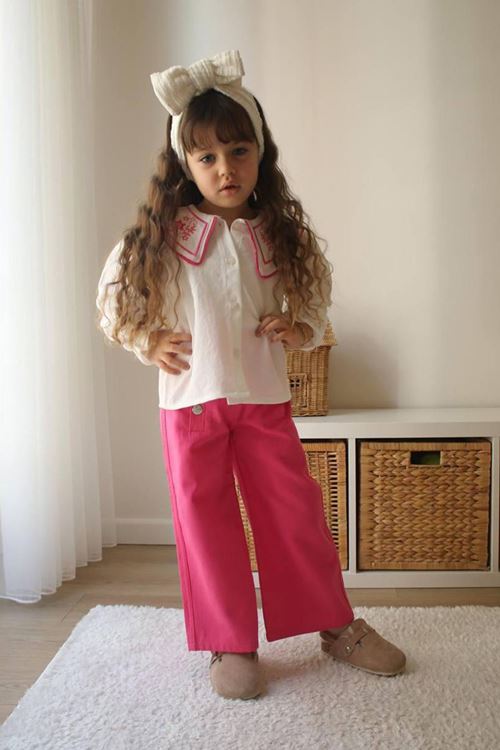 Miniğimin Cicileri Yaka Nakışlı Gömlek Gabardın Pantolon Kız Çocuk Takım - Fuşya