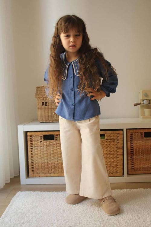 Miniğimin Cicileri Yaka Nakışlı Gömlek Gabardın Pantolon Kız Çocuk Takım - Mavi