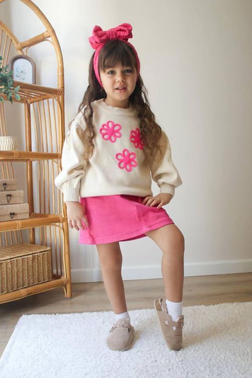 Miniğimin Cicileri Çiçek işlemeli Sweat Gabardin Etekli Kız Çocuk Etekli Takım - Pembe