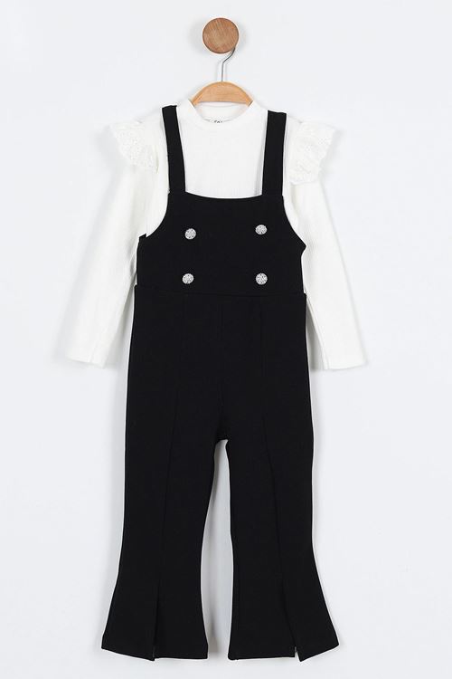 Miniğimin Cicileri Askılı Taş Düğme Detaylı Tulum ve Fırfırlı Beyaz Bluz Kız Çocuk Takım - Siyah
