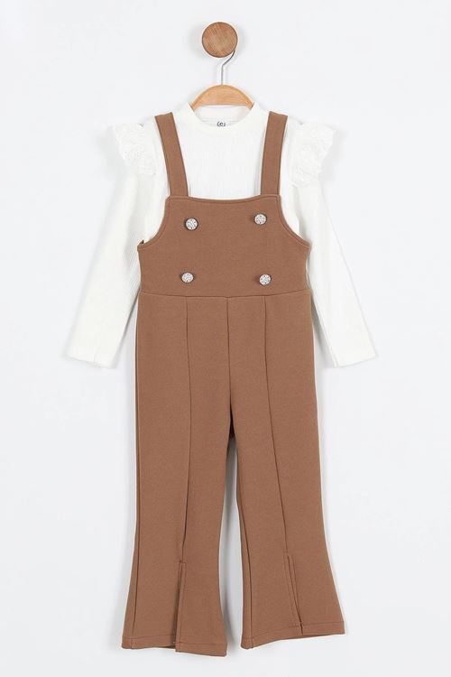 Miniğimin Cicileri Askılı Taş Düğme Detaylı Tulum ve Fırfırlı Beyaz Bluz Kız Çocuk Takım - Kahverengi