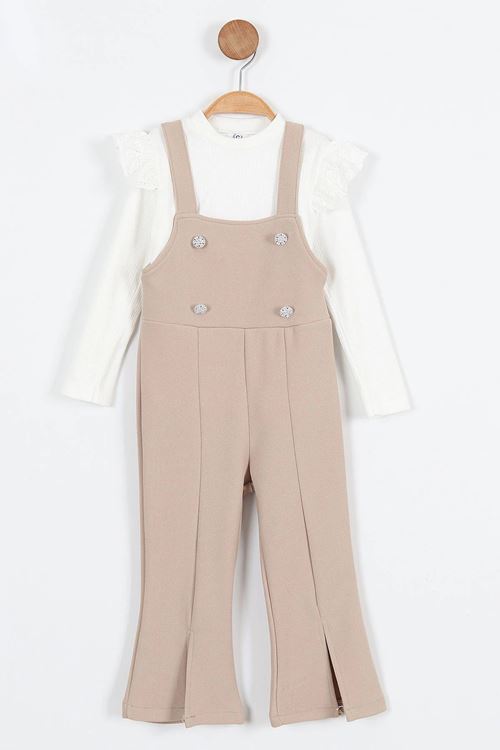 Miniğimin Cicileri Askılı Taş Düğme Detaylı Tulum ve Fırfırlı Beyaz Bluz Kız Çocuk Takım - Bej