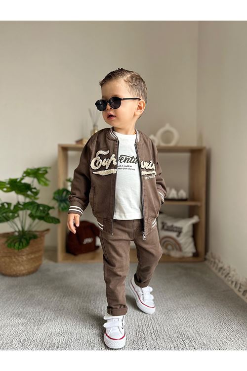 Miniğimin Cicileri (1-4 Yaş) Kolej Yaka Ceketli  Erkek Çocuk 3 Lü Takım - Kahverengi