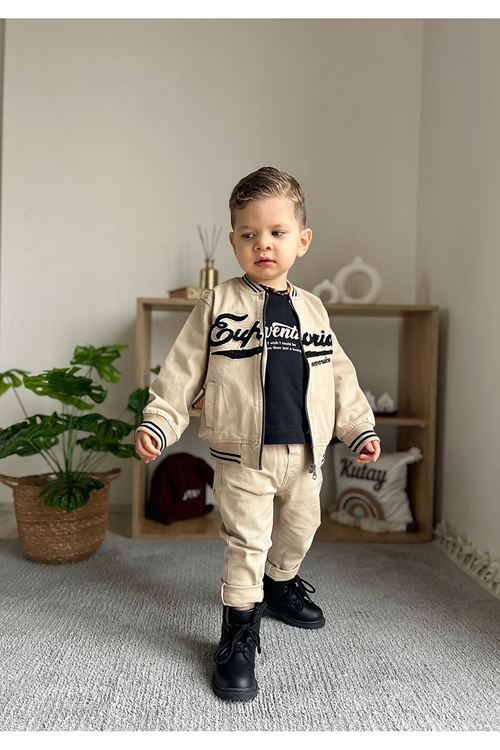 Miniğimin Cicileri (1-4 Yaş) Kolej Yaka Ceketli  Erkek Çocuk 3 Lü Takım - Bej