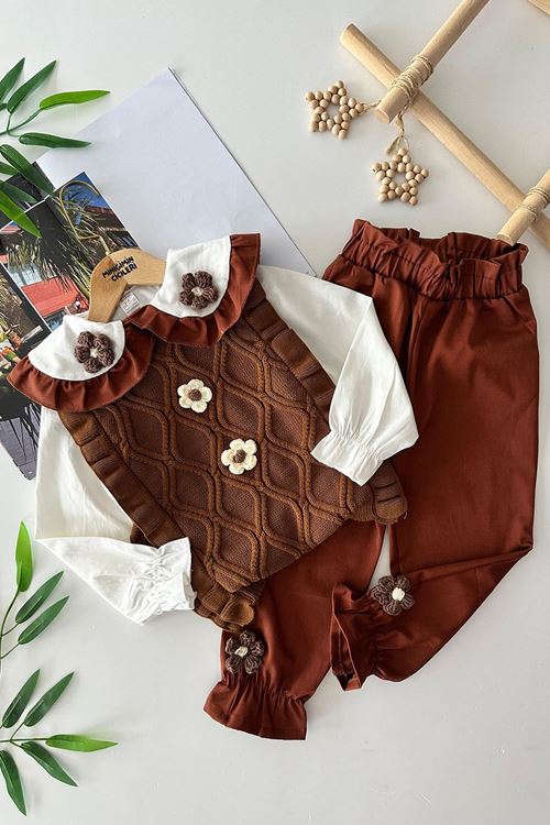 Miniğimin Cicileri Papatya Örgü Detaylı Süveterli  Kız Çocuk 3 Lü Takım - Kahve