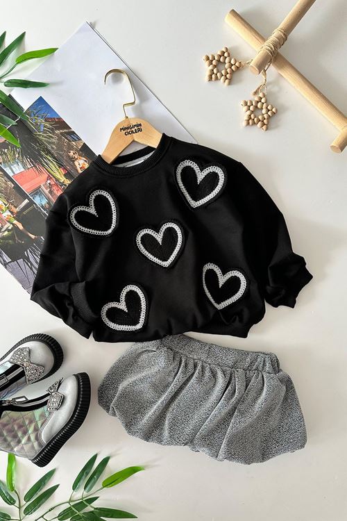 Miniğimin Cicileri Simli Kalp işlemeli Etekli Kız Çocuk Etekli Takım - Gri