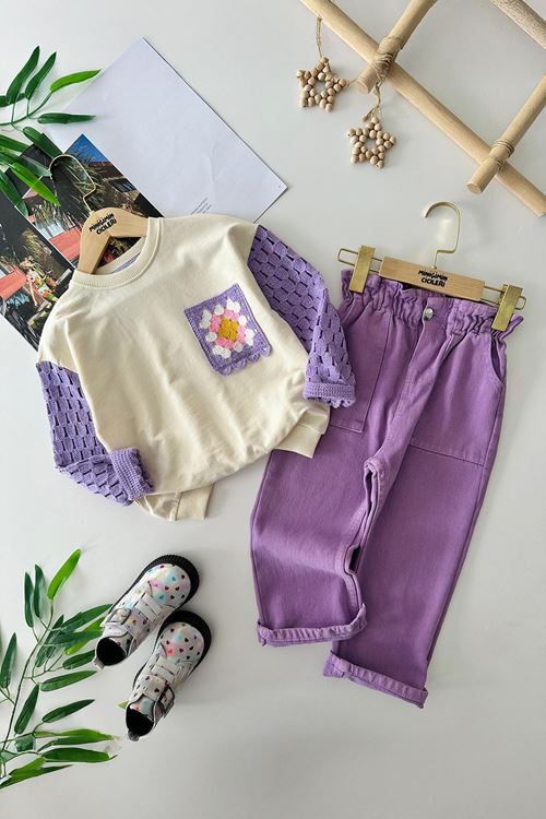 Miniğimin Cicileri Örgü Kollu Gabardin Pantolon Kız Çocuk Takım - Lila