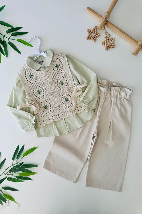 Miniğimin Cicileri (2-6 yaş) Çiçek Desenli Triko Süveterli Kız Bebe Fiyonk Detaylı 3 lü Takım - Yeşil