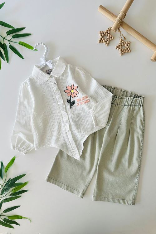 Miniğimin Cicileri Papatya Baskılı Bağlama Detaylı Bol Pantolunlu Kız Çocuk 2 li Takım - Beyaz