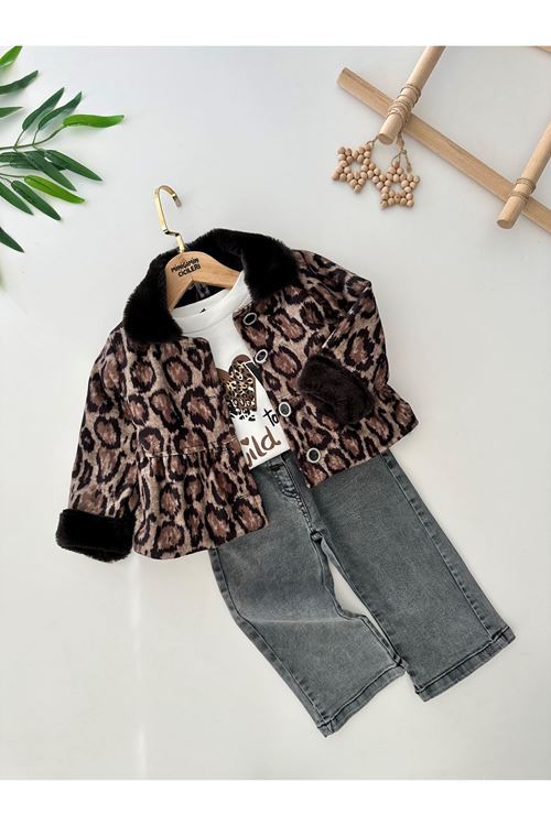 Miniğimin Cicileri Leopar Ceketli Kürk Detaylı Kız Çocuk 3 lü Takım - Kahve