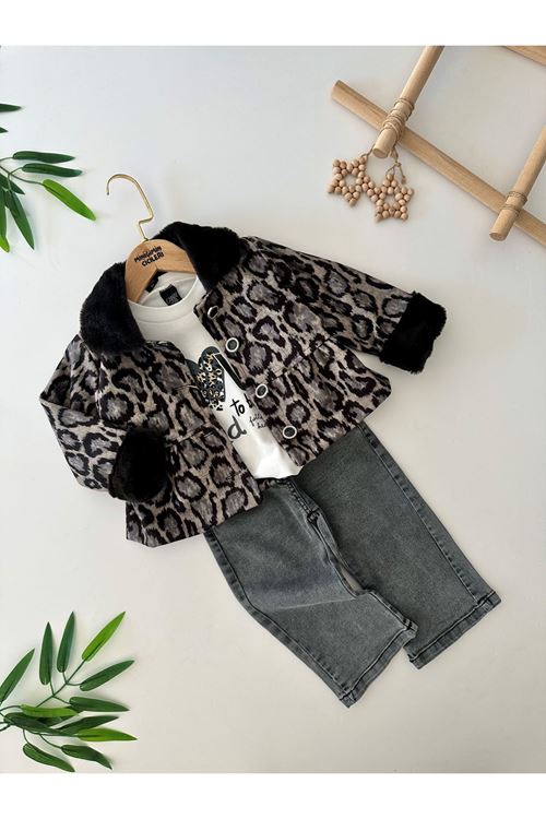 Miniğimin Cicileri Leopar Ceketli Kürk Detaylı Kız Çocuk 3 lü Takım - Gri