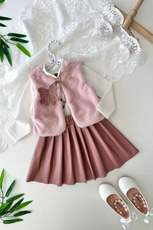 Miniğimin Cicileri Kürk Yelekli, Deri Etekli, Fiyonk Detaylı kız çocuk 3 lü takım - Pembe