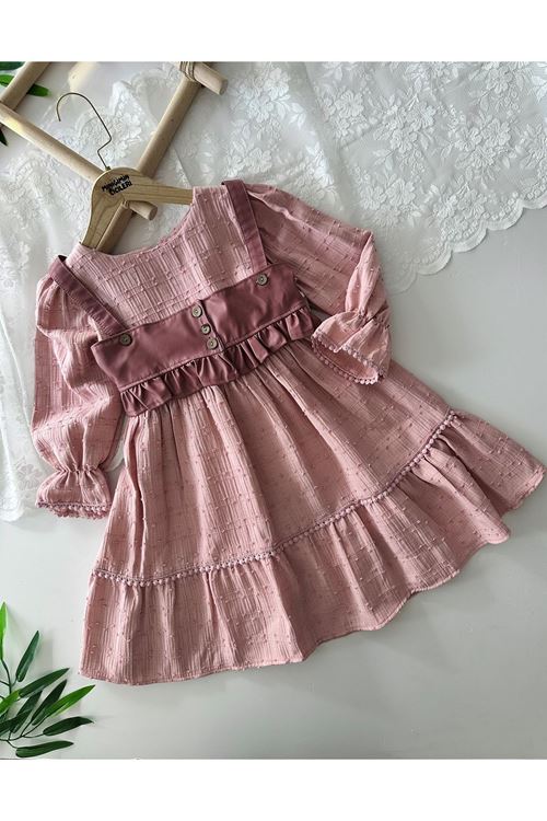 Miniğimin Cicileri (6-12 Yaş) Deri Yelekli Müslin Pamuk Elbise Kız Çocuk - Pembe