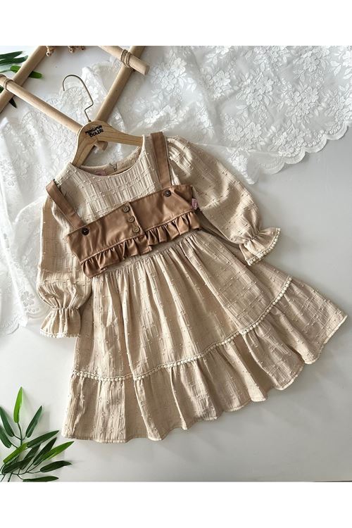 Miniğimin Cicileri (6-12 Yaş) Deri Yelekli Müslin Pamuk Elbise Kız Çocuk - Vizon