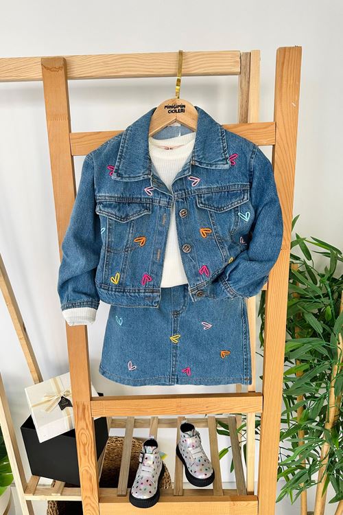 Miniğimin Cicileri Kalp İşleme Detaylı Kot Ceketli Etekli Kız Çocuk 3 lü Takım - Mavi