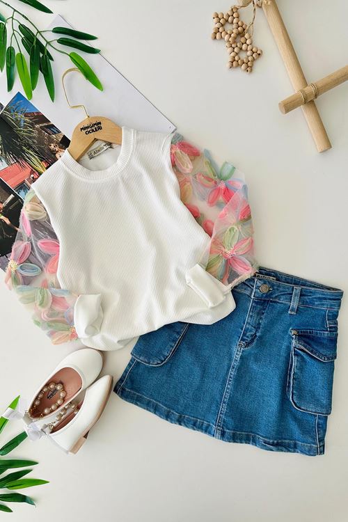 Miniğimin Cicileri Renkli Tül Kol Detaylı Kot Cepli Etekli Kız Çocuk 2 li Takım