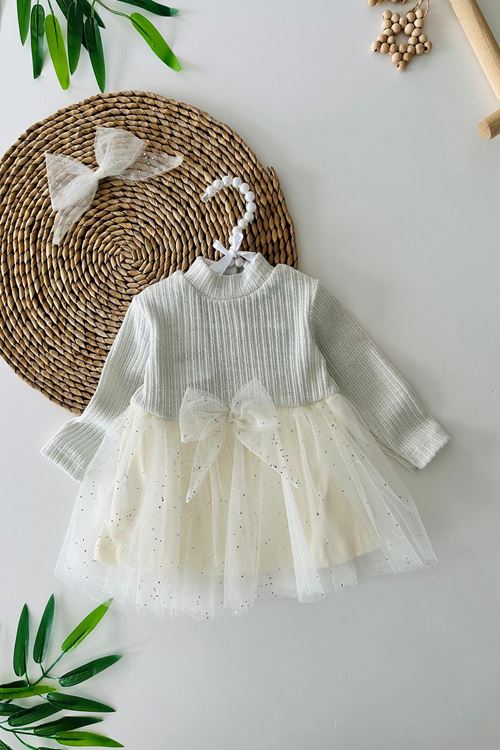Miniğimin Cicileri Simli Tütülü Kız Bebe Elbise - Gri