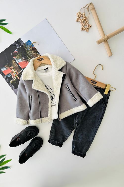 Miniğimin Cicileri Süet Kürklü Erkek Çocuk 3 lü Takım - Gri