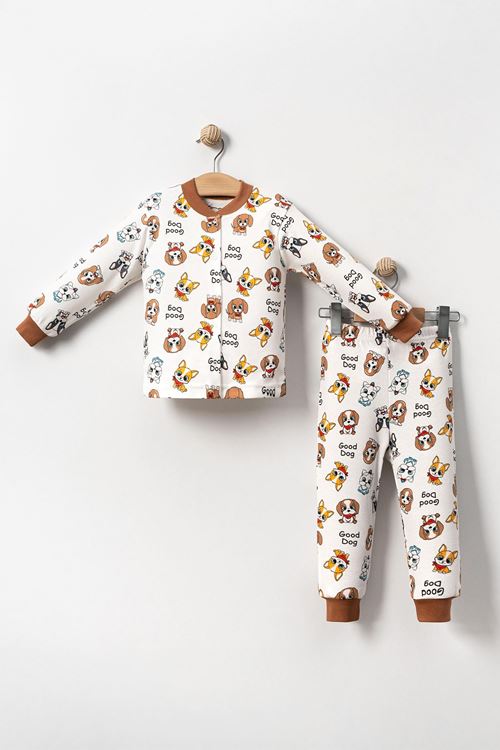 Miniğimin Cicileri Köpek  Baskılı Erkek Çocuk Pamuklu Pijama Takımı - Kahverengi