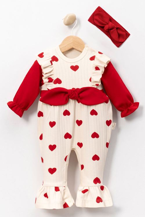Miniğimin Cicileri Büyük Kalp Baskılı Pamuklu Kız Bebe Tulum - Kırmızı