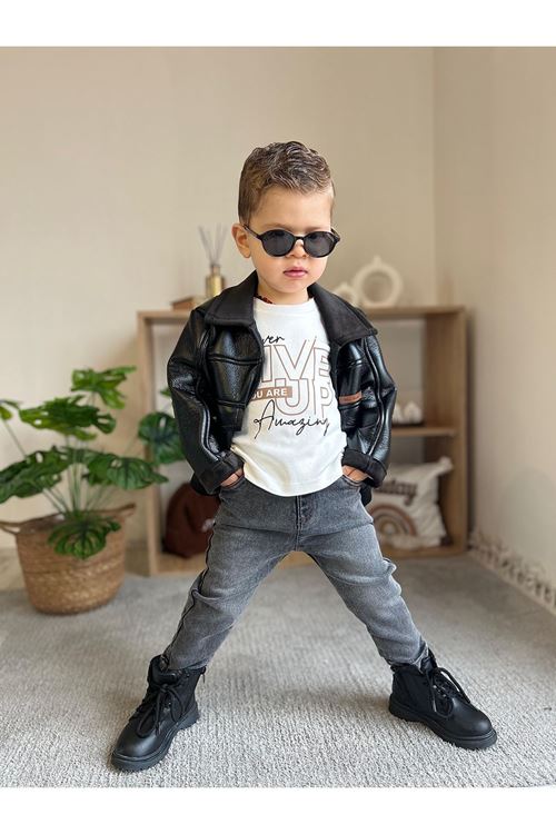 Miniğimin Cicileri (1-8 Yaş) Deri Mont İç Kaşe Astar Erkek Çocuk 3 lü Takım - Siyah