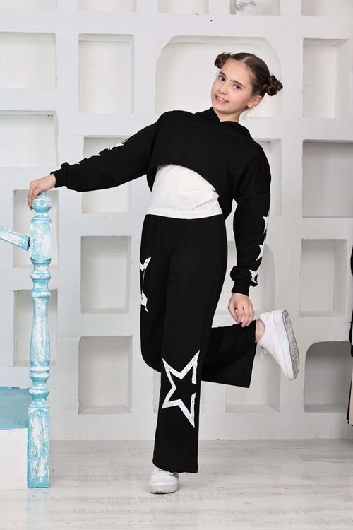 Miniğimin Cicileri (10-15 yaş) Eskitme Yıldız Baskılı Kız Çocuk Croplu Tarz Takım - Siyah