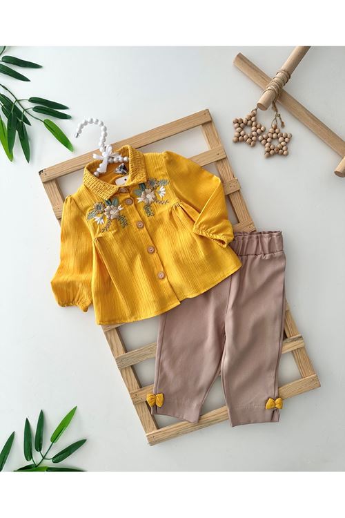 Miniğimin Cicileri Gipe Nakış Gabardin Fiyonk pantolon Kız Bebek Takım - Hardal