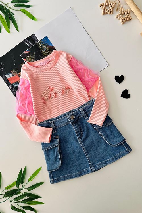 Miniğimin Cicileri Kol Tül Detaylı Taşlı Kız Çocuk Kot Etekli 2 li Takım - Pembe