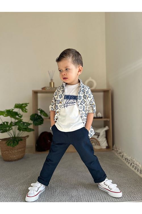 Miniğimin Cicileri Etnik desen Müslin Pamuk Gömlek Keten Pantolon Erkek Çocuk Takım - Mavi