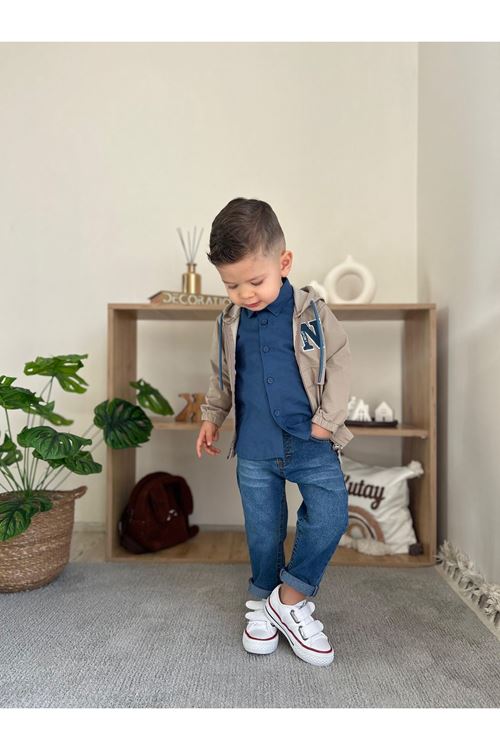 Miniğimin Cicileri N Panç İşleme Detaylı  Kol Lastikli 3 Lü Erkek Çocuk Takım - Bej