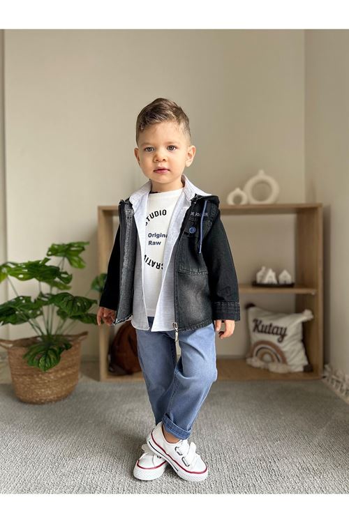 Miniğimin Cicileri Müslin Pamuk Gömlekli, kot ceket kapüşonlu, De Jouten baskılı Erkeı Çocuk 3 Lü Takım - Mavi